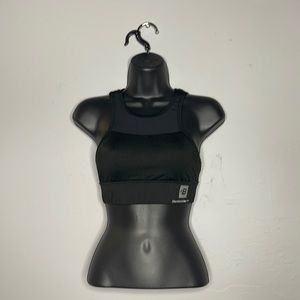 Bodybuilding.com black high neck mesh sports bra with strappy back.